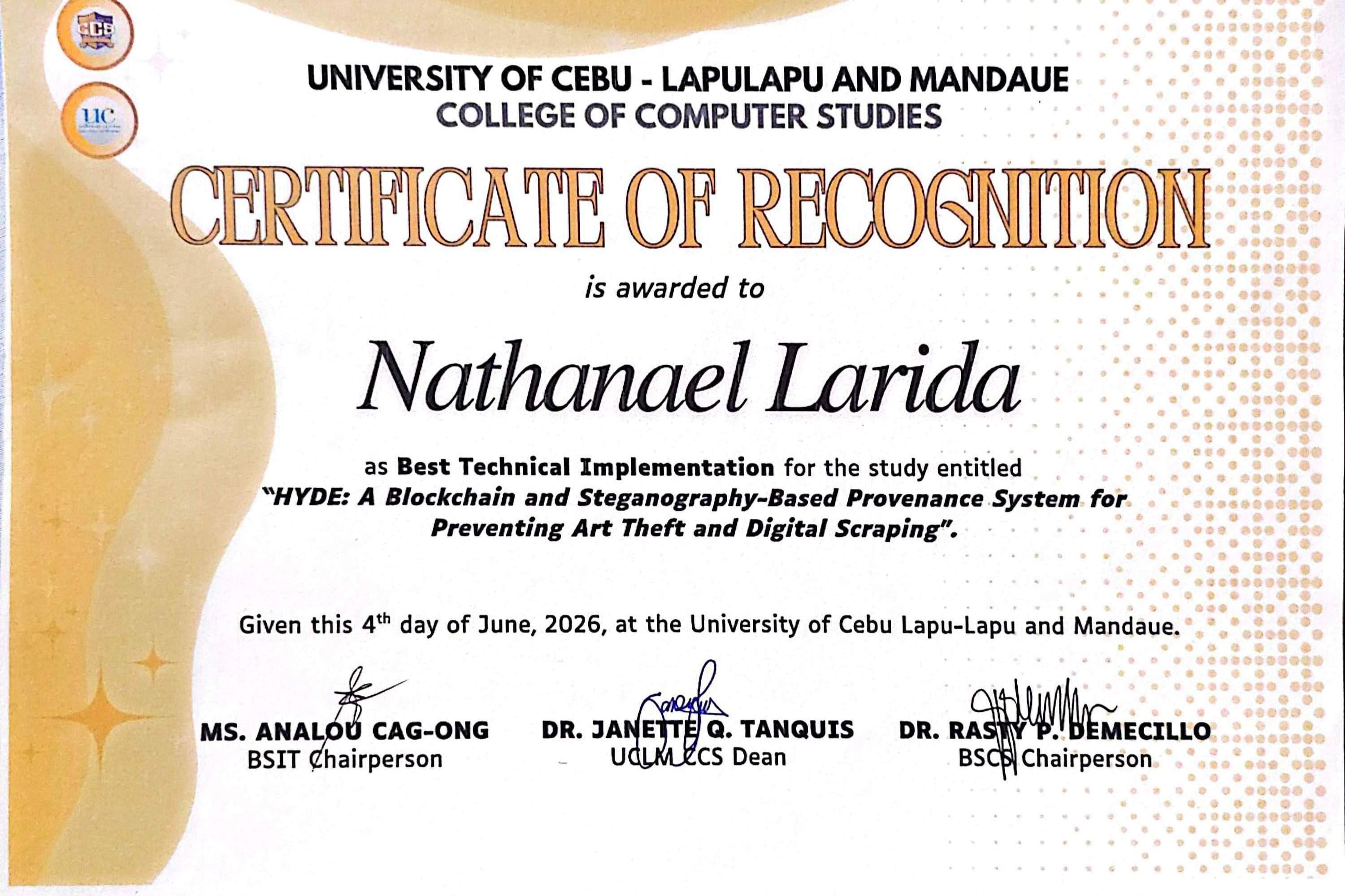 Certificate recognizing HYDE for Best Technical Implementation at the UC research congress