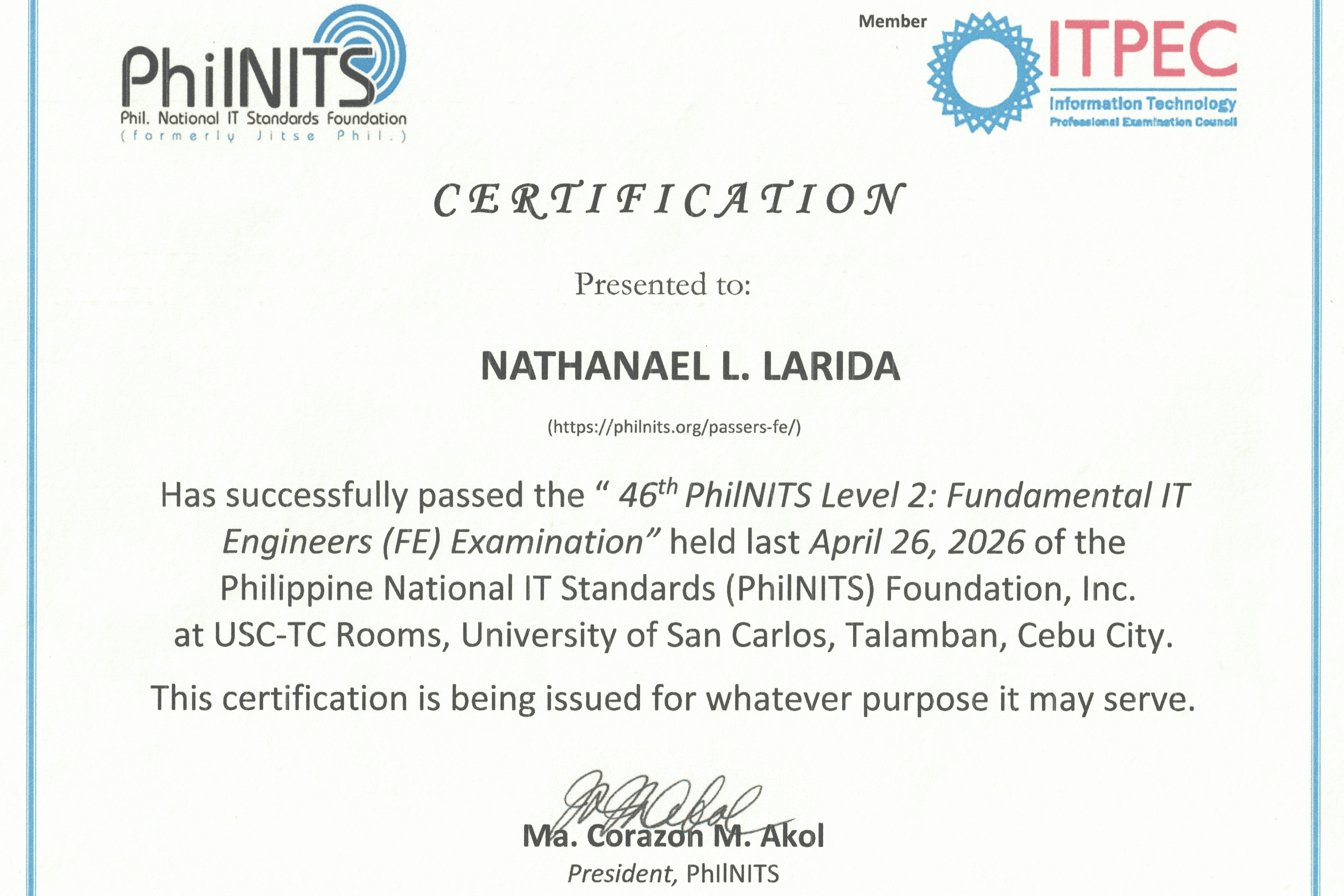 PhilNITS certification confirming Nathanael Larida passed the Fundamental IT Engineers examination
