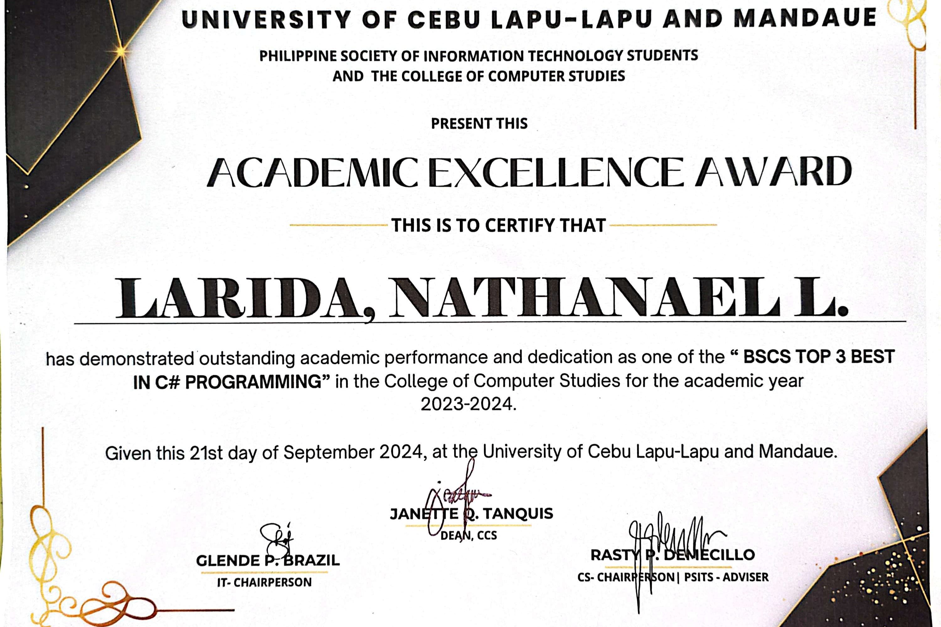 Academic excellence certificate recognizing a top-three result in C sharp programming