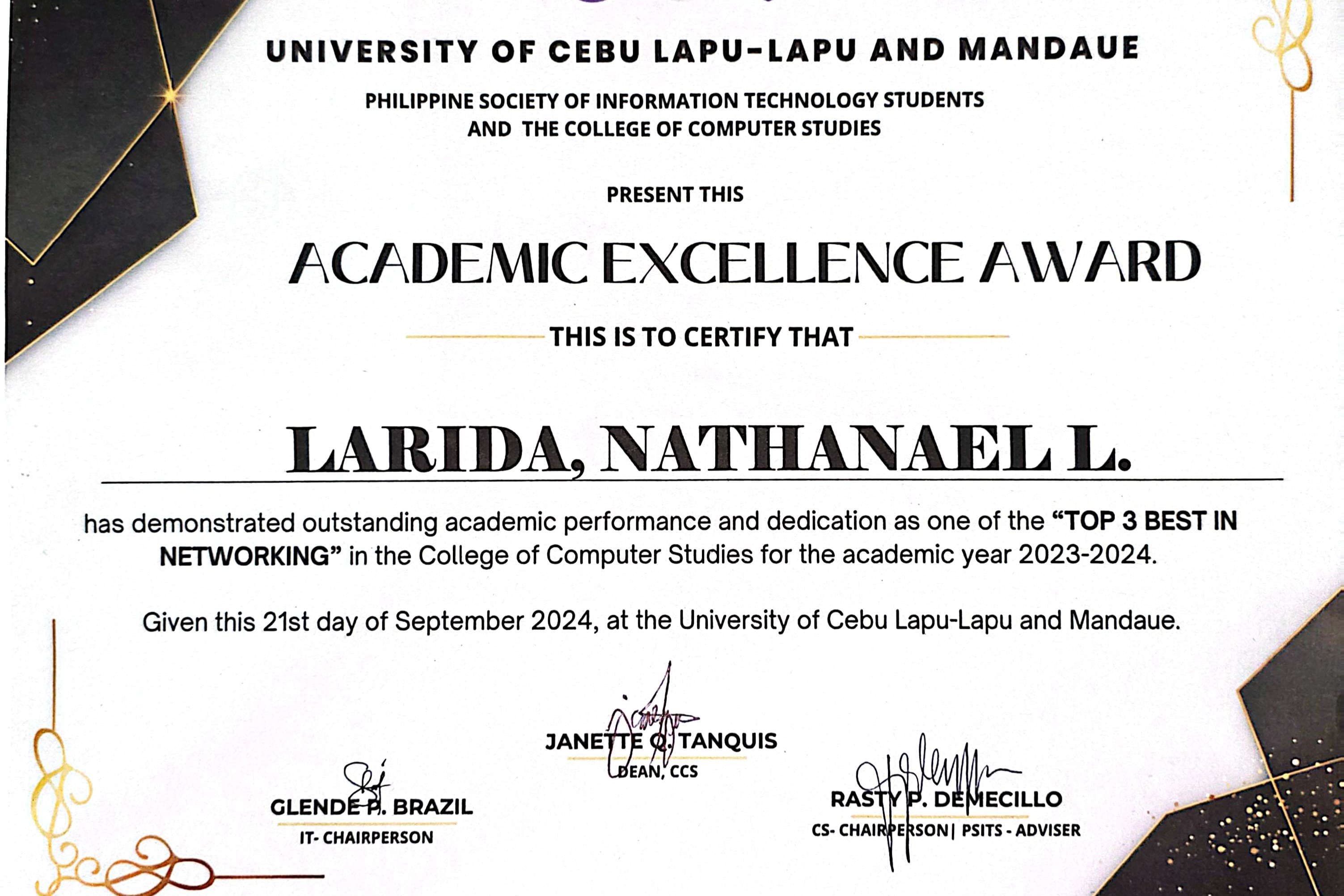 Academic excellence certificate recognizing a top-three result in networking