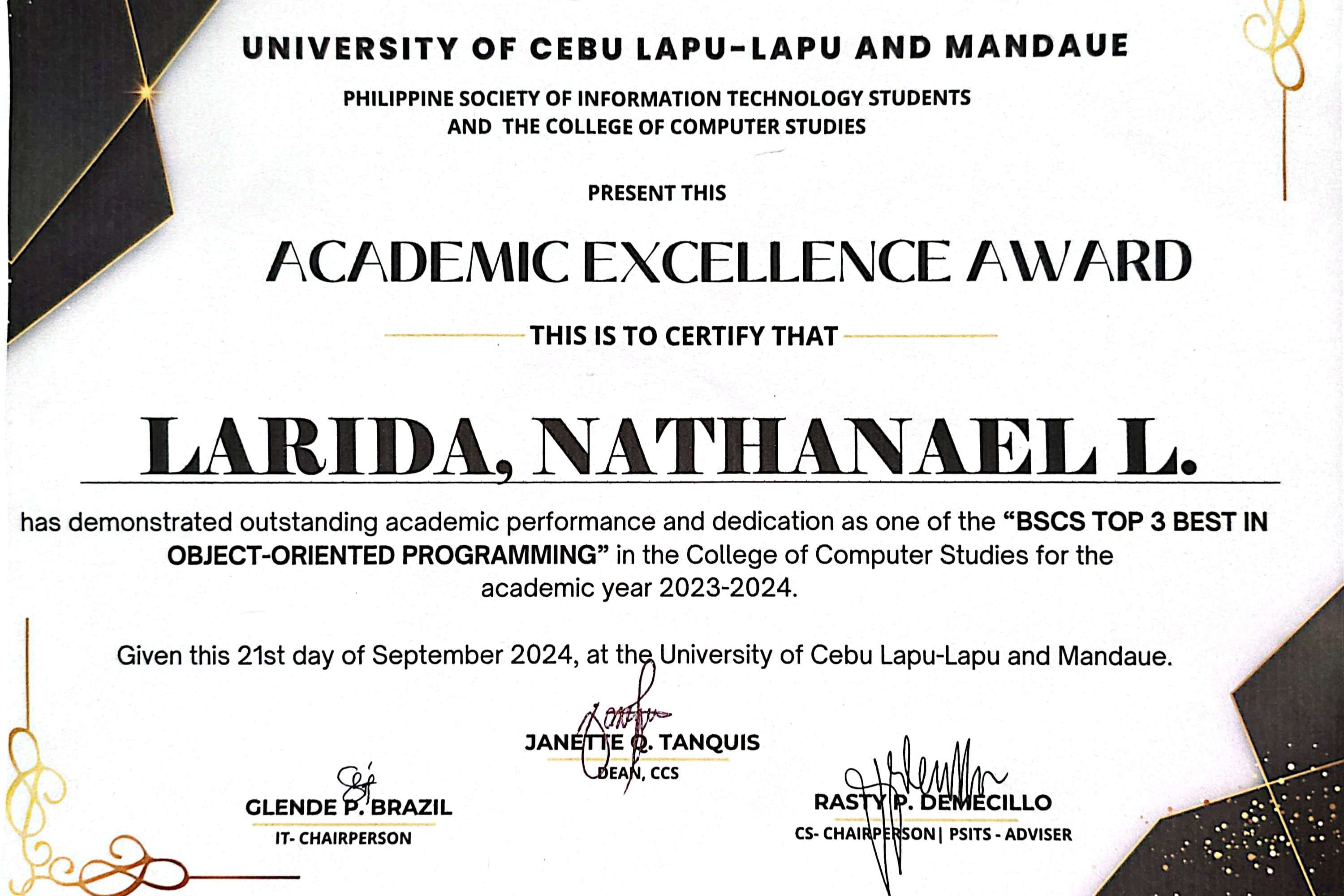 Academic excellence certificate recognizing a top-three result in object-oriented programming