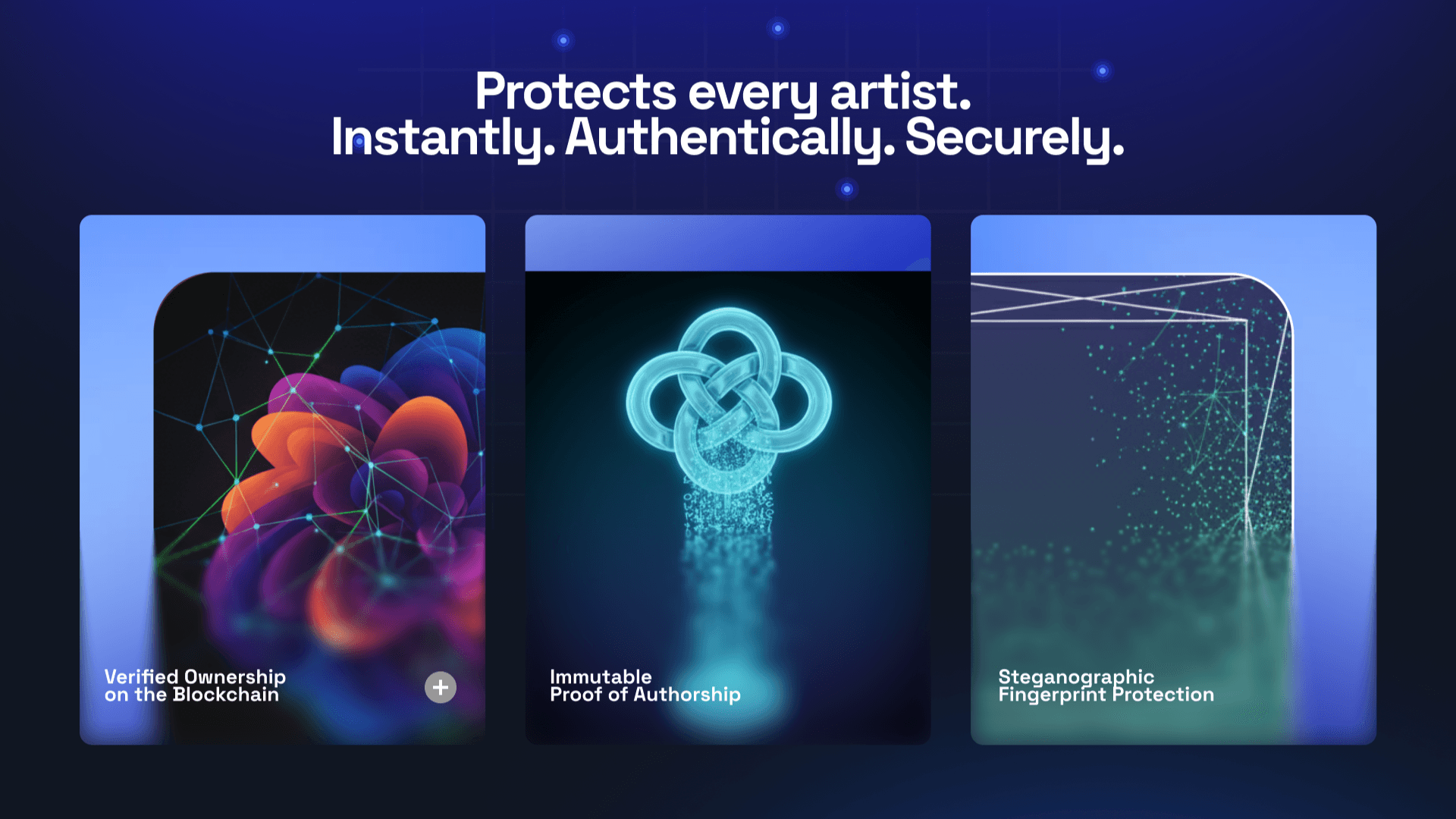 HYDE feature cards explaining verified blockchain ownership, immutable authorship, and steganographic protection