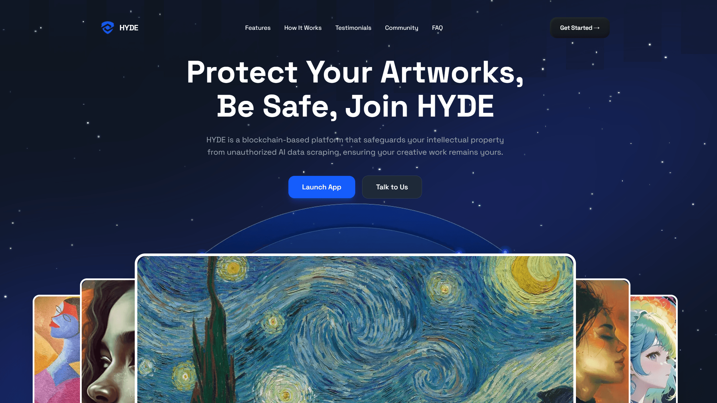 HYDE landing page presenting blockchain and steganography protection for digital artwork