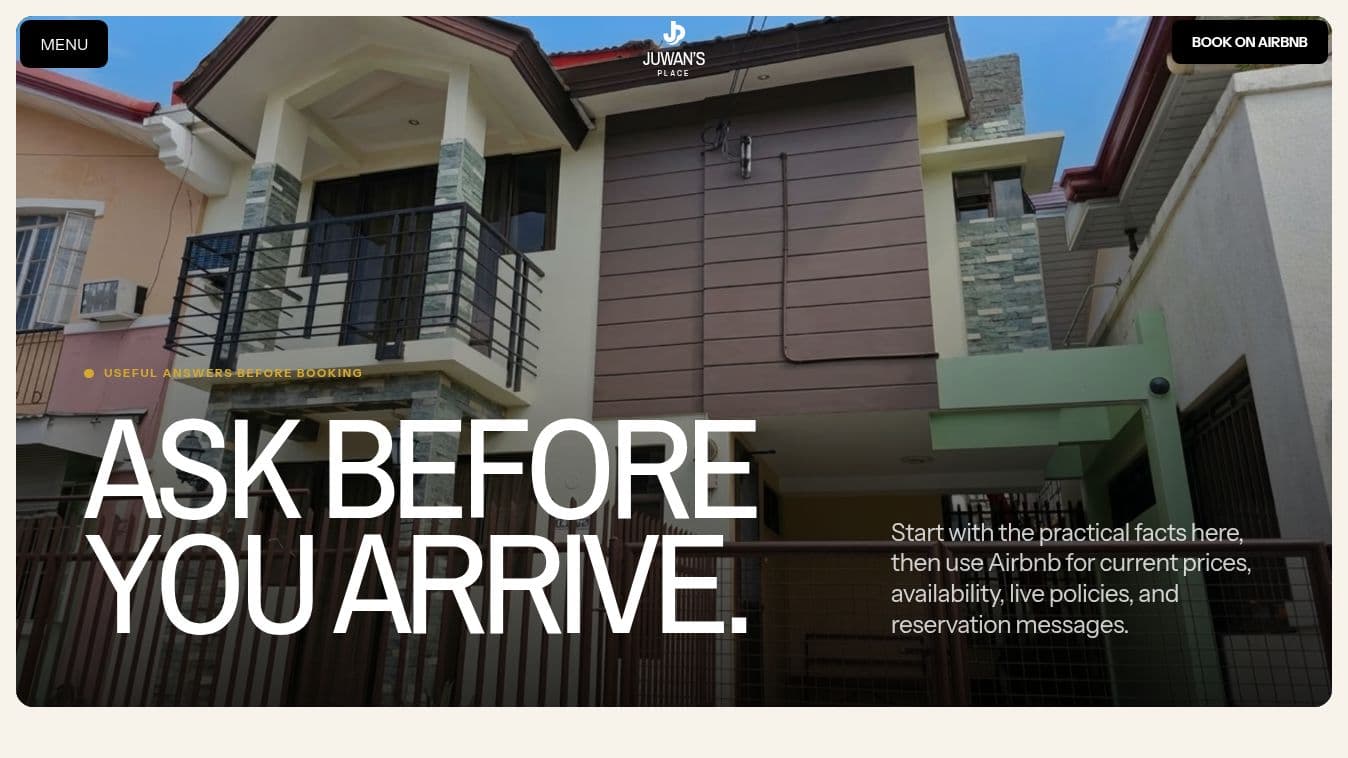 Juwan’s Place FAQ interface introducing practical guest information and Airbnb booking guidance