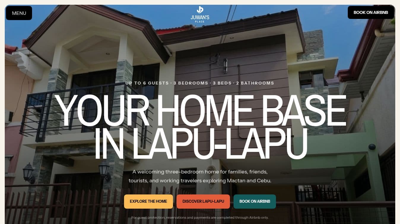 Juwan’s Place Home page hero showing the branded navigation, guest-capacity details, headline, and booking actions