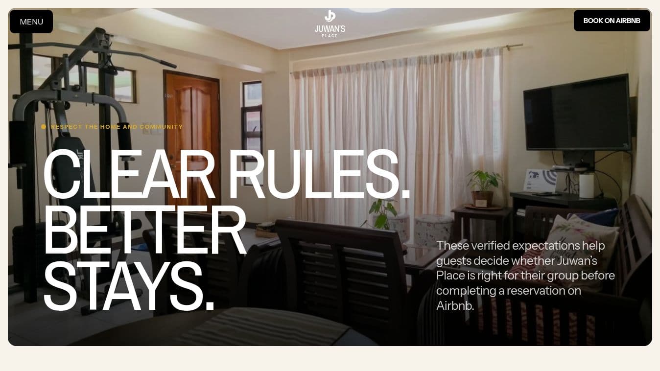 Juwan’s Place House Rules interface with bold editorial typography, navigation, and guest guidance