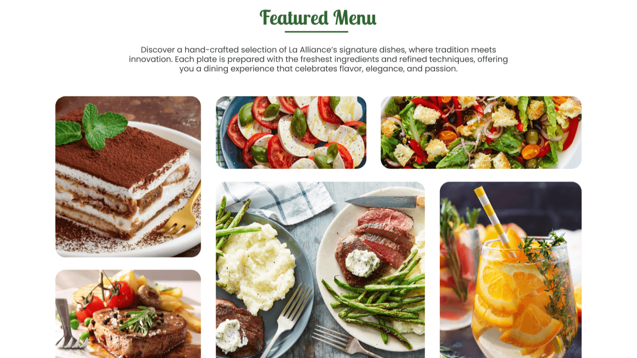 La Alliance featured-menu gallery with desserts, salads, steak, and beverages