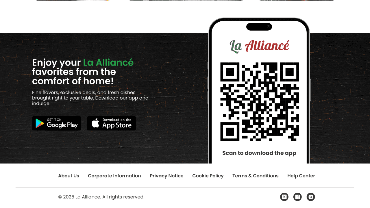 La Alliance responsive app callout with download badges, a phone-shaped QR code, and footer navigation