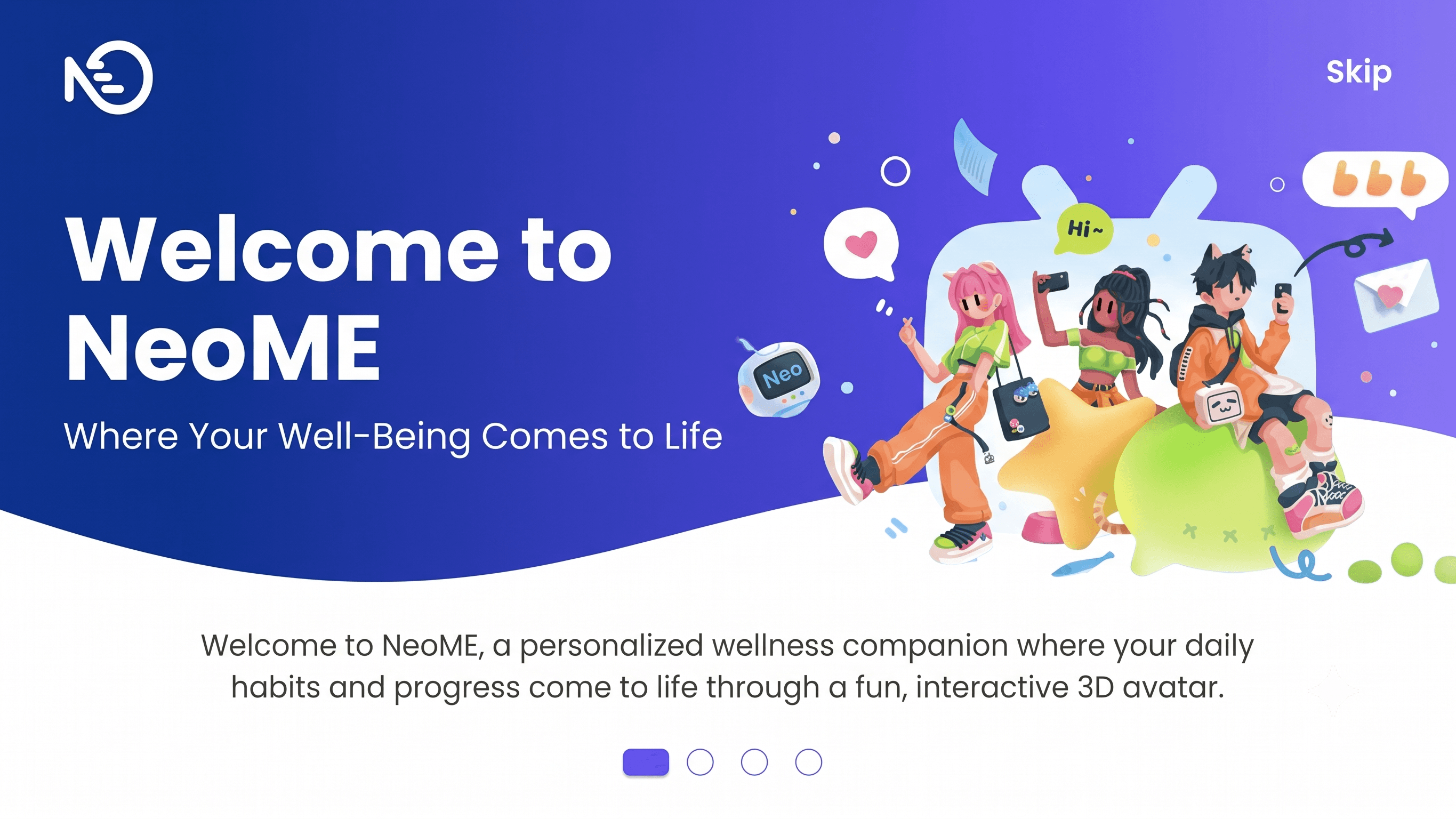 NeoME welcome composition introducing the gamified mobile wellness experience and avatar system