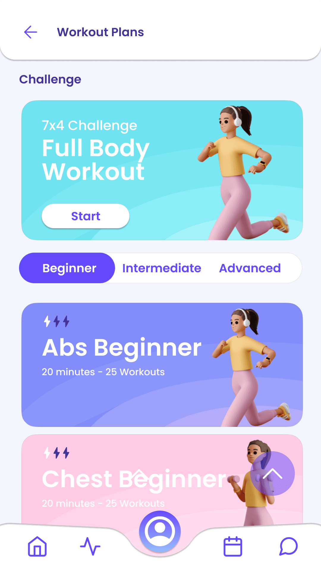 NeoME mobile workout-plans screen with full-body, abdominal, and chest exercise challenges