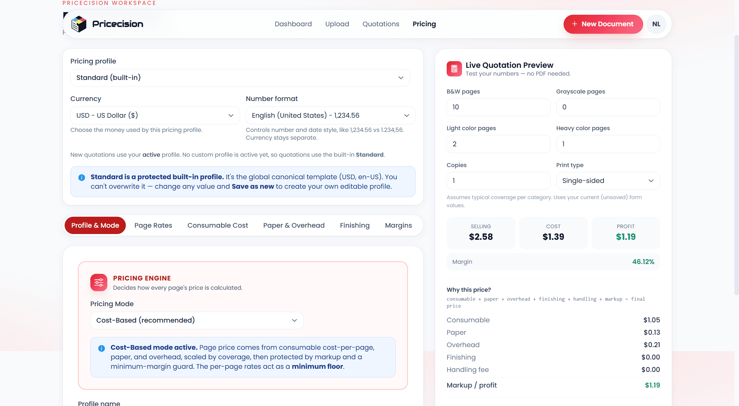 Pricecision pricing profile editor beside a live quotation preview with cost, price, profit, and margin values