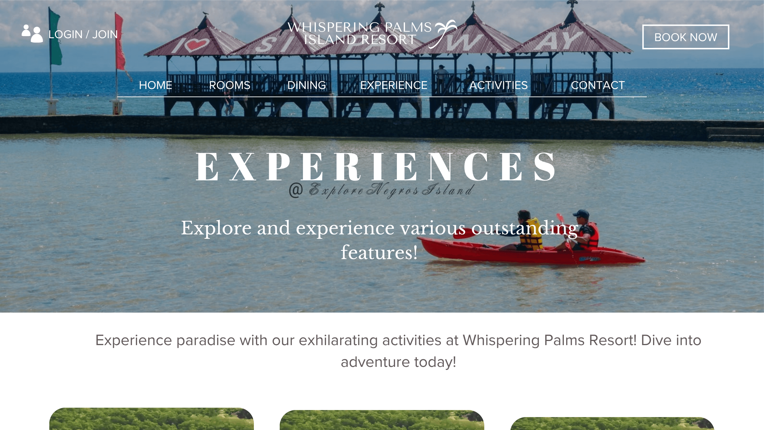 Whispering Palms desktop interface listing resort experiences over a kayaking hero image
